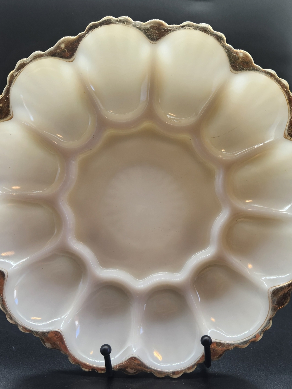 Vintage Anchore Hocking Fire King Milk Glass Egg Plate with Scalloped Gold Rim